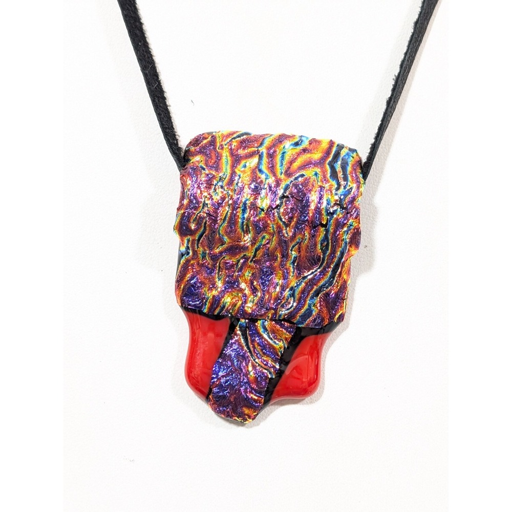 Artisan Fused Glass Iridescent Abstract Pendant Necklace Red Dichroic‎